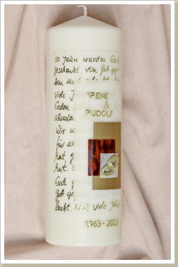 Stumpenkerze goldene Hochzeit, rot, gold, Best.Nr. 411 Stumpenkerze goldene Hochzeit, rot, gold, Best.Nr. 411